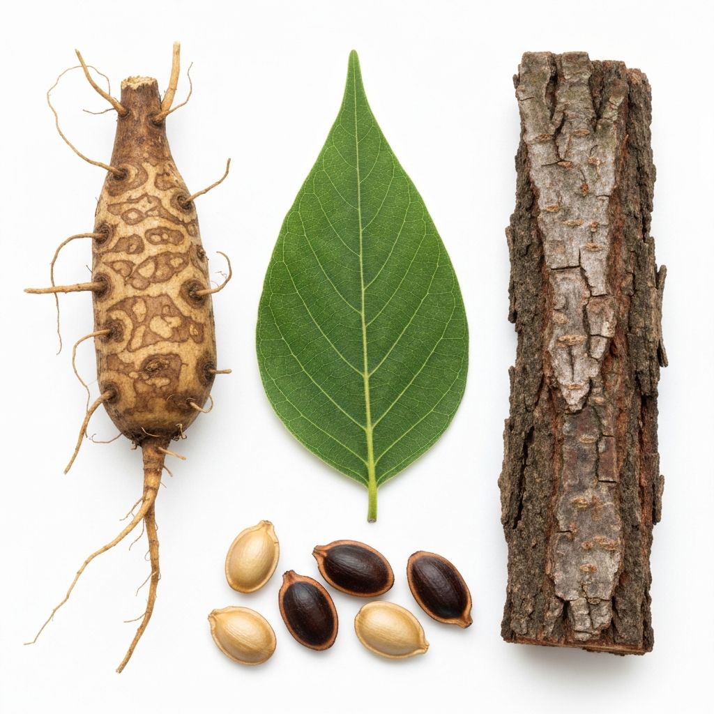 Botanical specimens showing root, leaf, seed, and bark parts